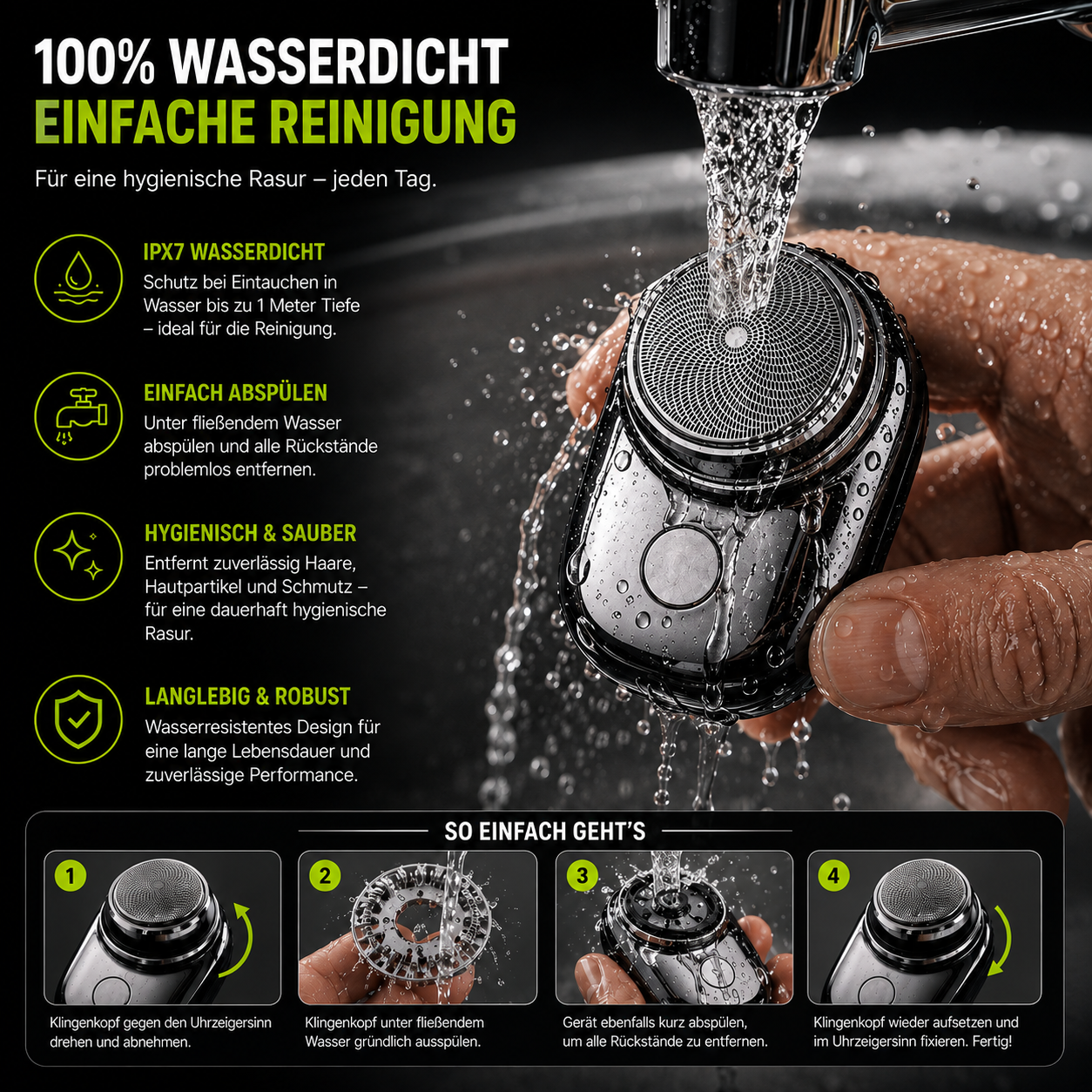 MicroBlade Pro Scherkopf wird unter fließendem Wasser gereinigt